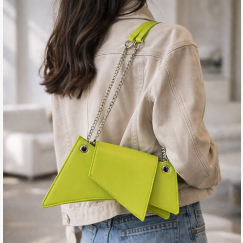Neon Lime Geometric Envelope Crossbody Bag Gold Chain Strap Statement Shoulder B